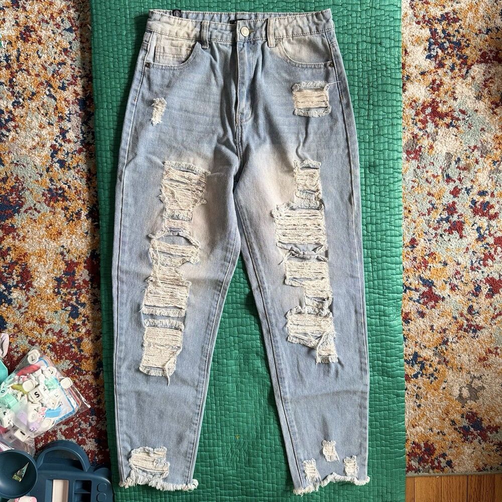 Y2K Elite Jeans Distressed Denim Jeans Raw Hem Pants Light Blue Wash Womens Sz 9 - Picture 2 of 16